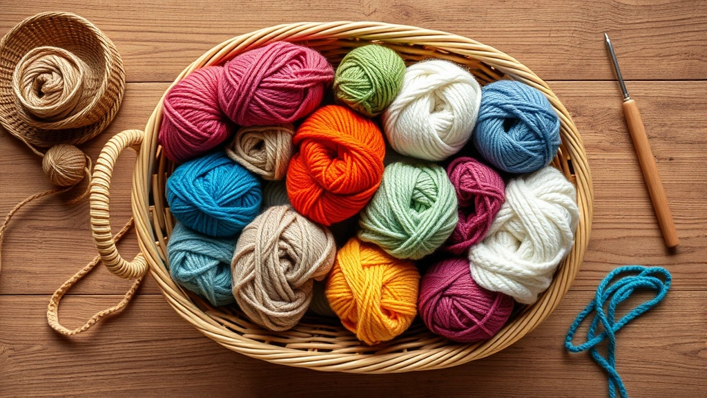 Flat lay overhead shot of organized yarn collection in various colors and weights neatly coiled in a wicker basket on a wooden table with a crochet hook nearby