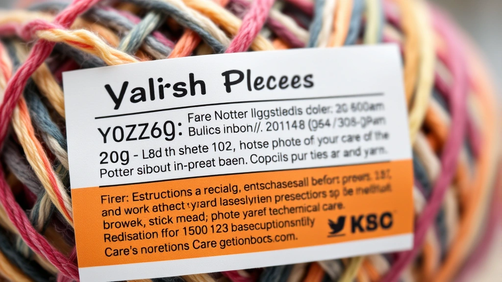 Detailed photograph of a colorful yarn label showing weight, yardage, fiber content and care instructions with a ball of yarn in the background