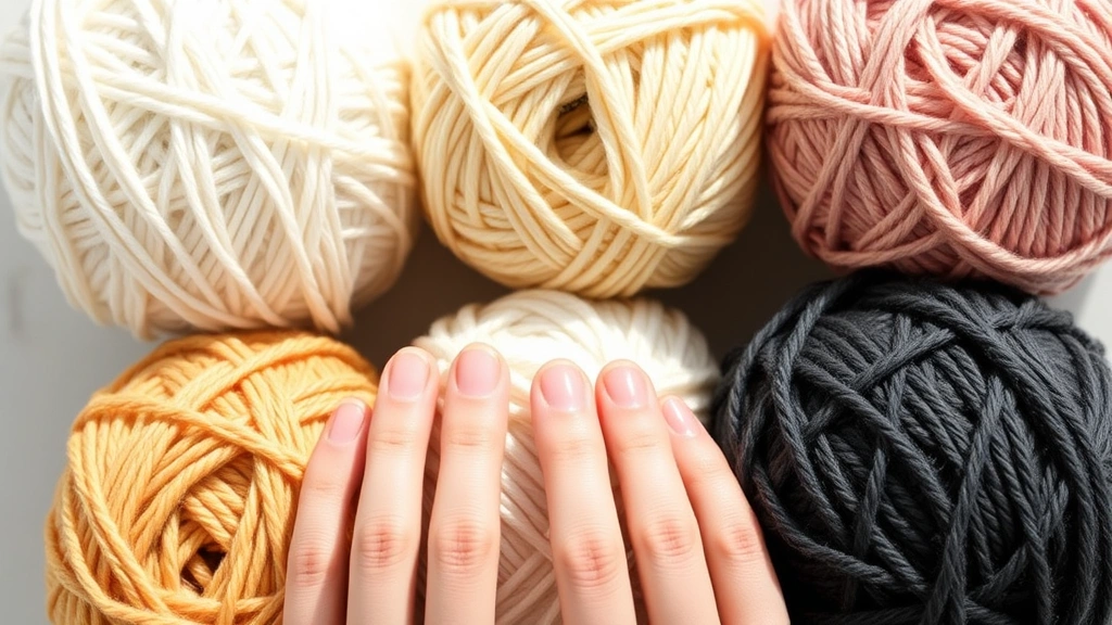 Close-up of five different yarn balls arranged in a circle showing progression from thin lace-weight to thick bulky-weight yarn, natural lighting, fiber texture clearly visible, hands gently touching one ball