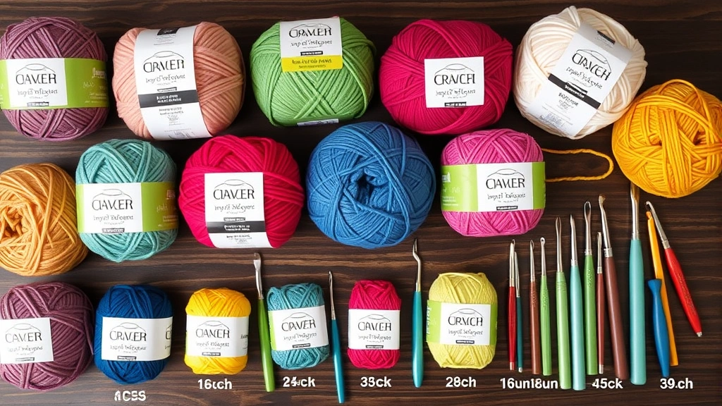 Overhead shot of yarn labels and balls with crochet hooks of various sizes arranged by weight category, showing the relationship between yarn thickness and hook size, organized and educational