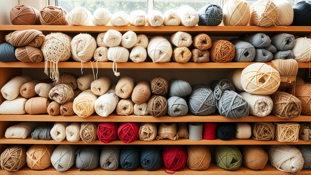 Organized yarn balls arranged by thickness and weight, from delicate lace yarn to chunky bulky yarn on wooden shelves, natural lighting showing texture variations