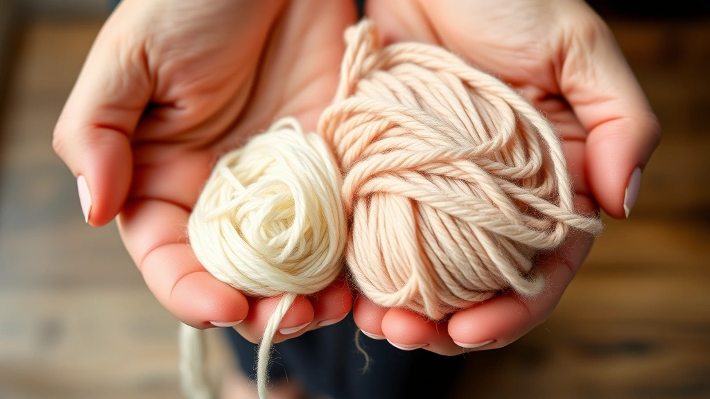 Close-up of hands holding different yarn weights side by side, showing thickness comparison from fingering to super bulky, soft natural lighting
