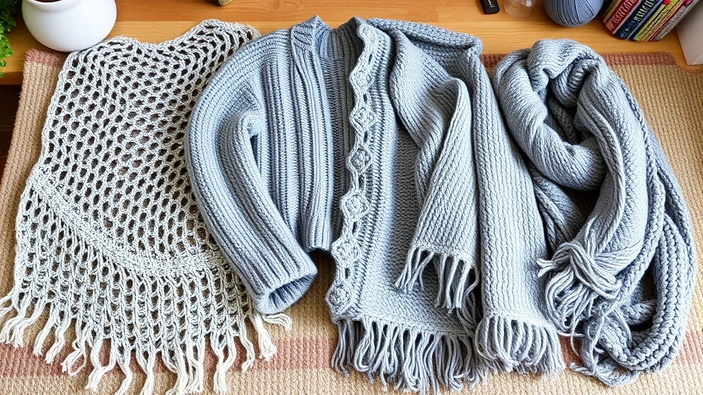 Crochet projects in progress using various yarn weights displayed together: delicate shawl, lightweight sweater, worsted blanket, and chunky scarf on a cozy workspace