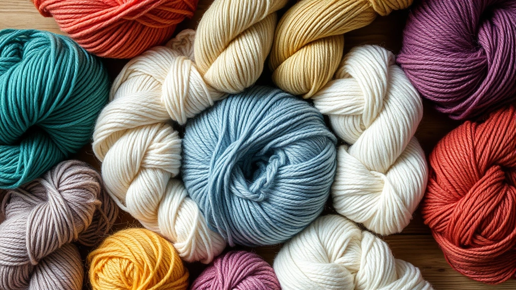 Close-up overhead shot of various colorful yarn skeins arranged in a circle on a wooden table, showing different textures and fiber types including merino wool, acrylic, and cotton blends, natural lighting from window