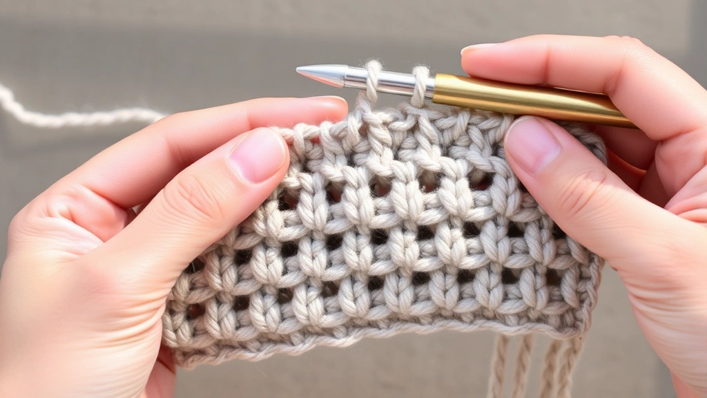 Hands holding a crochet hook working through a completed swatch of yarn, showing clear stitch definition with worsted weight yarn in a neutral color, natural daylight