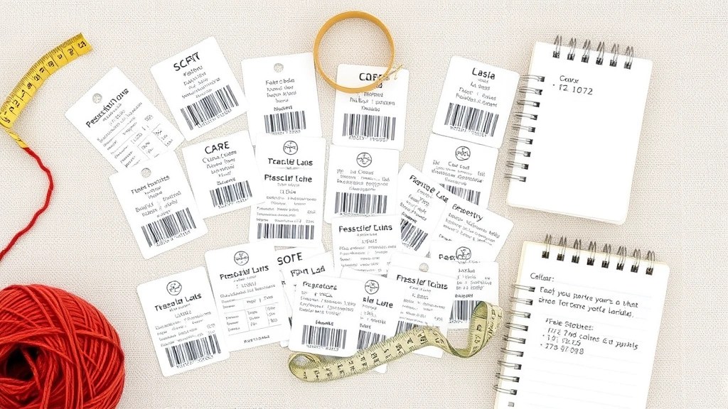 Flat lay of yarn labels and care instruction tags scattered on a neutral background with a measuring tape and small notebook, showing how to read yarn specifications and yardage information