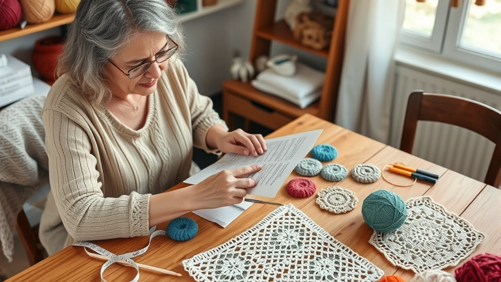 Crochet artist sitting at a wooden table with yarn swatches spread out, measuring tape and hook nearby, reviewing pattern notes with focused expression