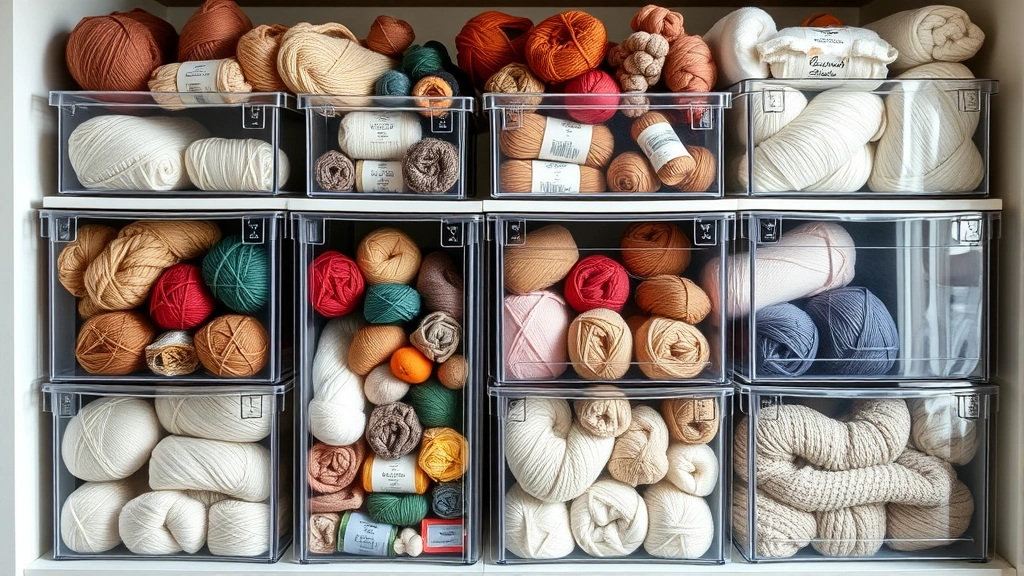 Organized yarn stash in clear storage containers sorted by weight and color, labels visible, soft natural window lighting showing different yarn textures and thicknesses