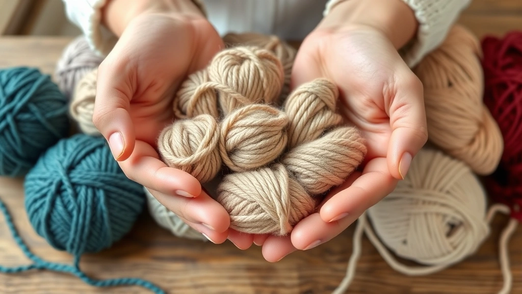 Close-up of hands holding multiple yarn balls in different weights and textures arranged neatly on a wooden table with natural daylight