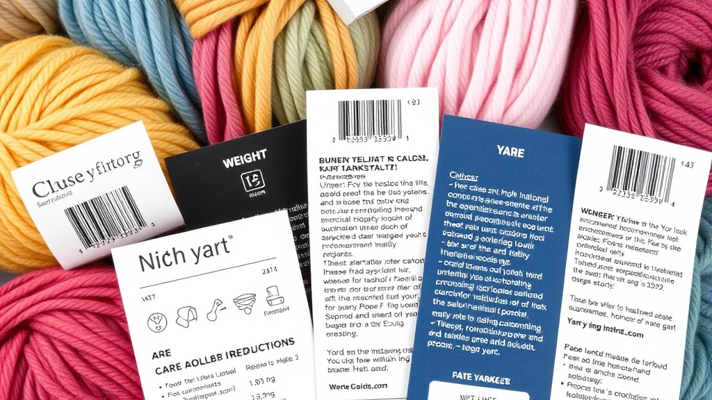 Flat lay of yarn labels showing weight symbols, care instructions, and yardage information with various colored yarns in background