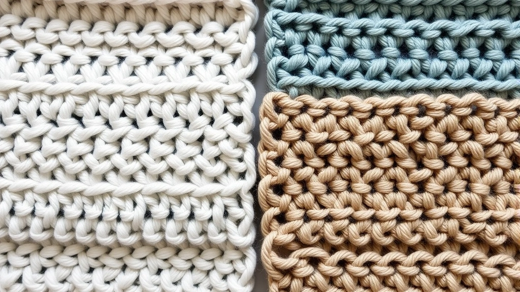 Overhead view of crocheted swatches in different yarn types and weights displayed side by side to show texture differences