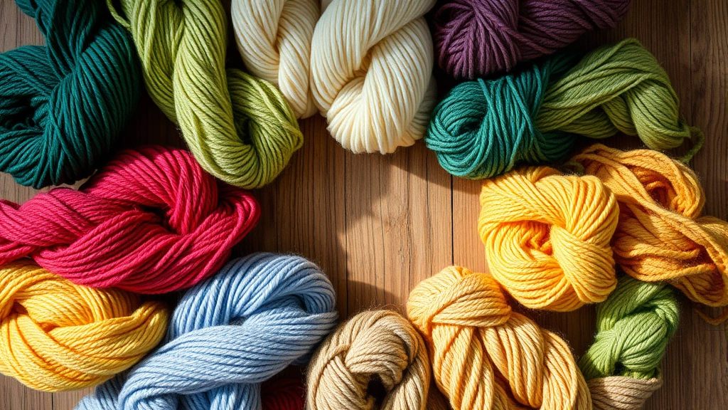 Close-up overhead shot of colorful yarn skeins arranged in a circle on a wooden table with natural light, showing different textures and fiber types