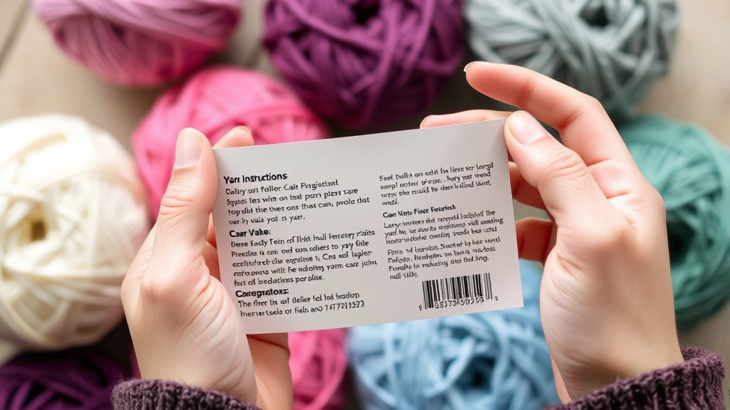 Hands holding an open yarn label showing care instructions and fiber content details, with yarn balls blurred in background