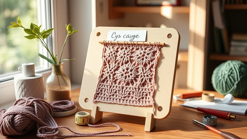 Crocheter's workspace with gauge swatch pinned to blocking board, yarn label visible, measuring tape and crochet hooks nearby, cozy natural lighting