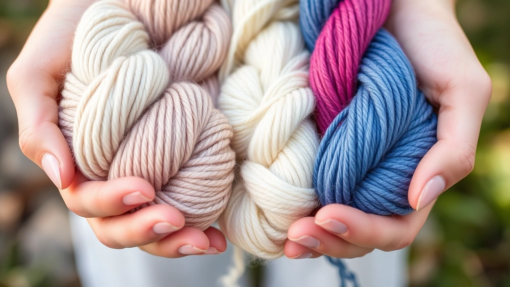 Close-up of hands holding multiple yarn skeins in different textures and colors, natural lighting, showing wool, cotton, and acrylic fibers side by side
