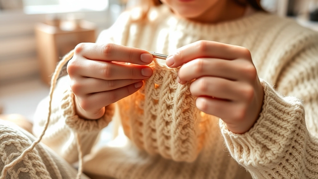 Person crocheting with worsted weight yarn in natural daylight, showing clear stitch definition and relaxed hands on hook, cozy home setting