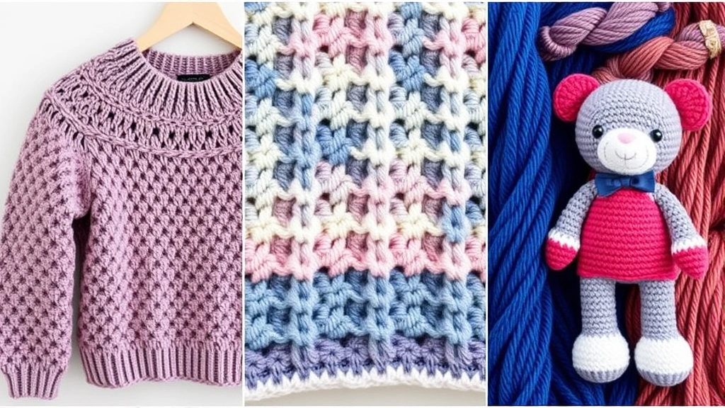 Finished crochet projects displayed together—a sweater, blanket, and amigurumi—showing how different yarns create different textures and finishes