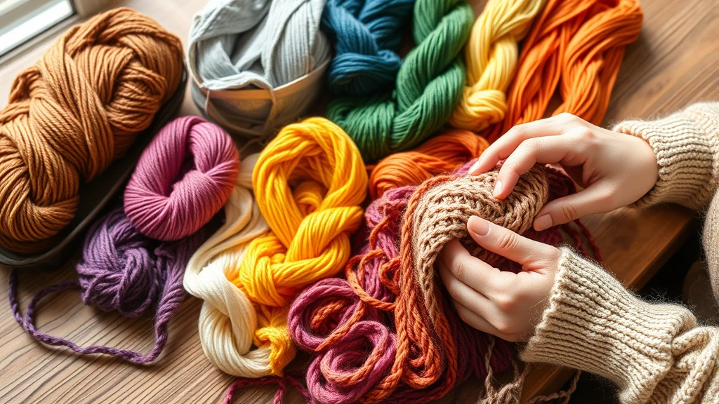 Colorful yarn skeins arranged by weight and fiber type on a wooden table, soft natural lighting, knitter's hands touching different textures