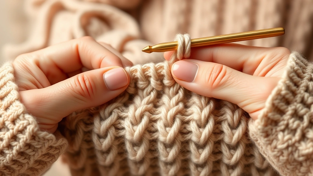 Close-up of hands crocheting a swatch with worsted weight yarn, showing stitch definition and fabric texture forming, warm studio lighting