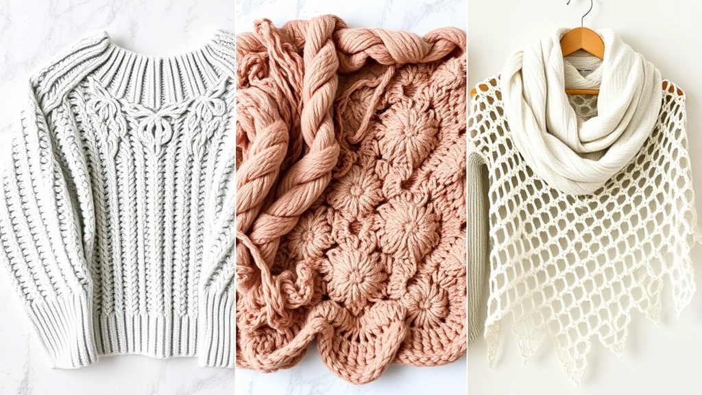 Finished crochet projects displayed together—a soft sweater, cozy blanket, delicate shawl—showing different yarns and their final results