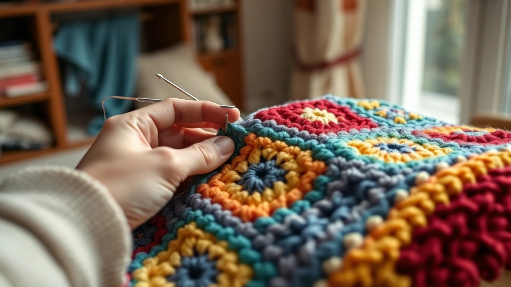 Close-up of hands crocheting a colorful granny square blanket in progress, showing detailed stitch work and multiple yarn colors arranged neatly, natural window lighting, cozy home workspace