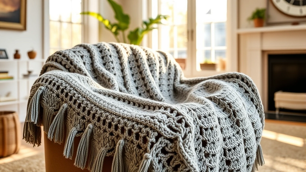 Finished crochet blanket draped over a comfortable armchair in a bright living room, soft textures visible, warm afternoon sunlight streaming through windows, inviting and homey atmosphere