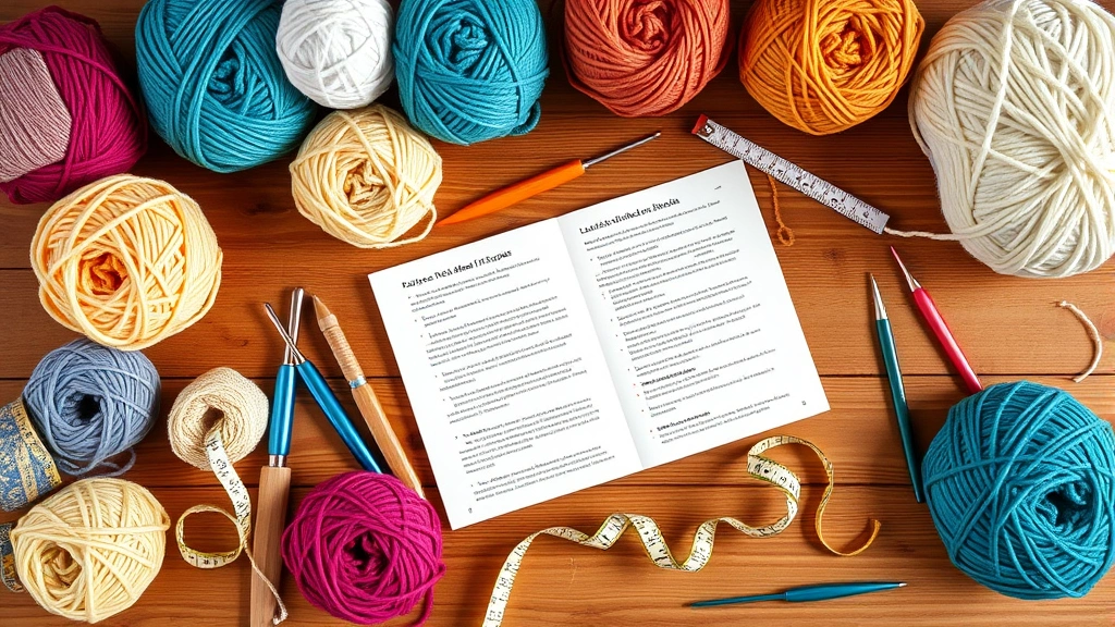 Overhead flat lay of crochet supplies including yarn balls in various colors, crochet hooks, yarn needle, measuring tape, and an open pattern, organized on a wooden table with natural lighting