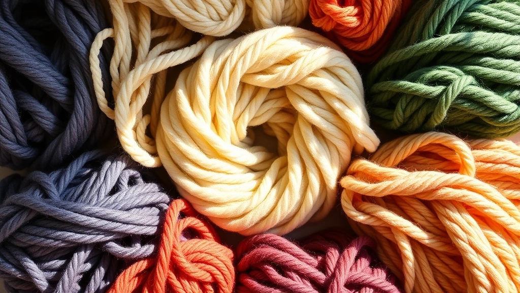 Close-up flat lay of colorful yarn skeins arranged in a circle, showing various textures and weights from delicate fingering yarn to chunky bulky yarn, natural lighting from above with soft shadows