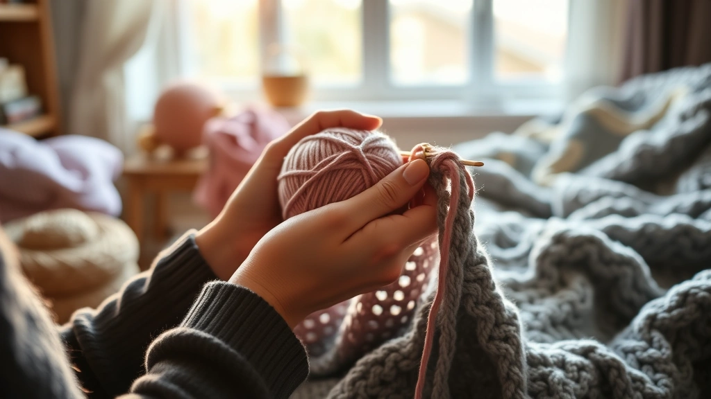 Woman's hands holding a ball of yarn while crocheting a blanket, warm natural light from a window, cozy living room setting with finished projects visible in background