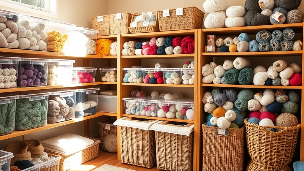 Organized yarn stash in clear storage bins and baskets, showing different yarn weights and colors neatly arranged on wooden shelves, natural daylight streaming in, showing care and maintenance setup