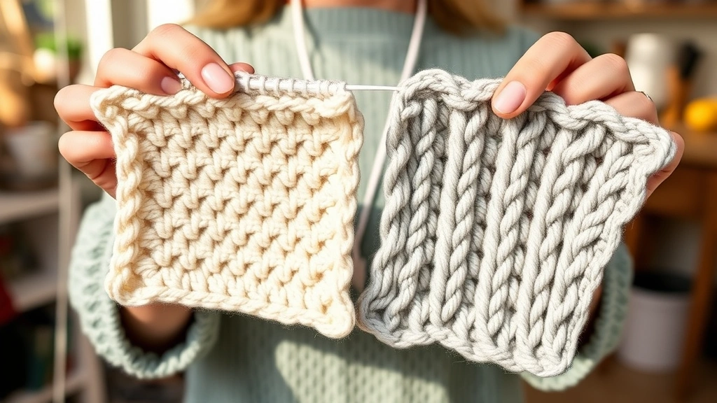 Crocheter's hands holding finished swatches in different yarn weights side by side, demonstrating texture and drape differences, warm natural light, cozy workspace background