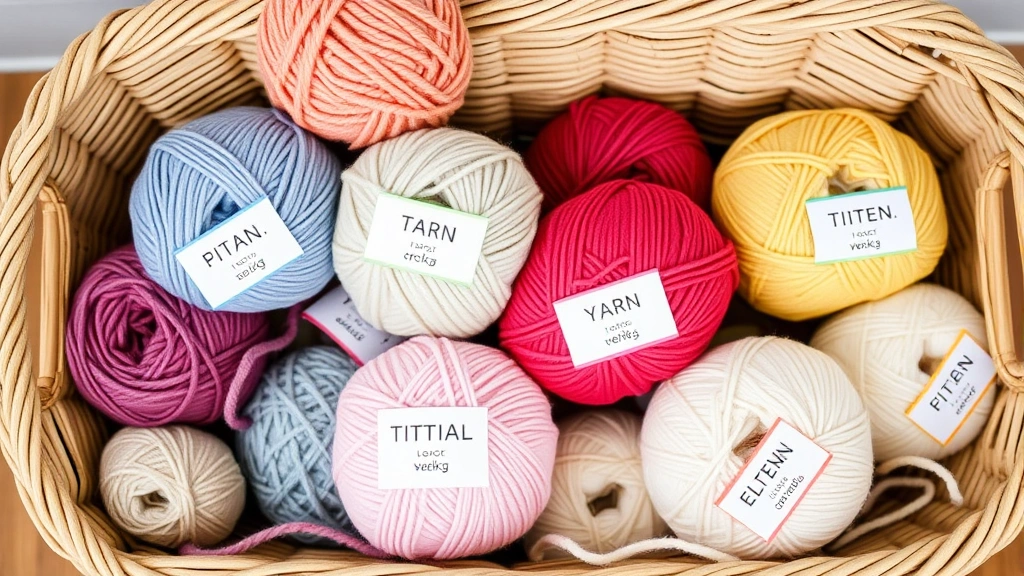 Organized yarn basket with color-coded labels showing yarn weight categories, balls of yarn at different thicknesses neatly arranged, lifestyle photography style