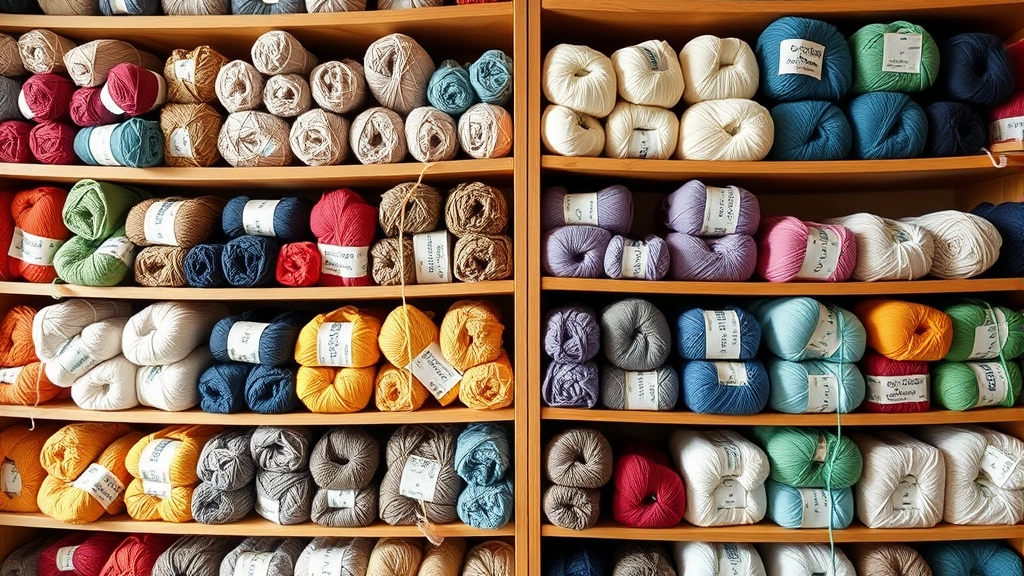 Organized yarn collection showing multiple skeins in coordinated colors stacked neatly on wooden shelves in natural light, with yarn labels visible