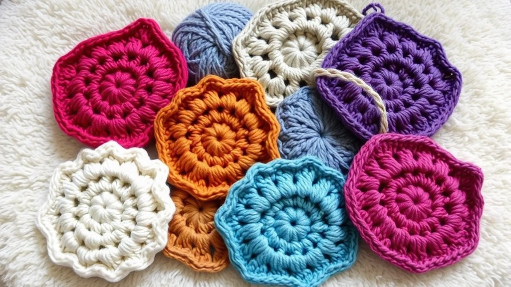 Crocheted finished projects in various colors and textures displayed together on a cozy surface, showing different yarn types and completed work samples