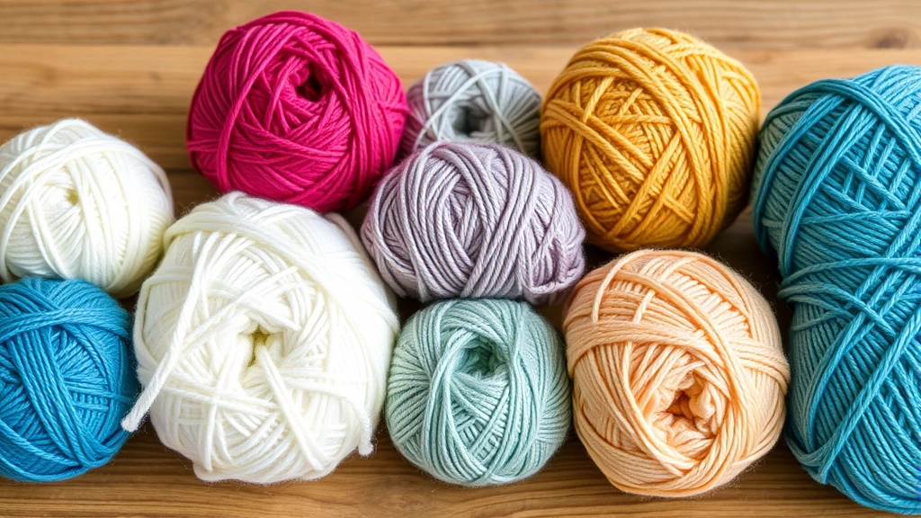 Close-up of seven different yarn balls arranged by thickness from finest lace weight to chunky super bulky weight on a wooden table with natural lighting