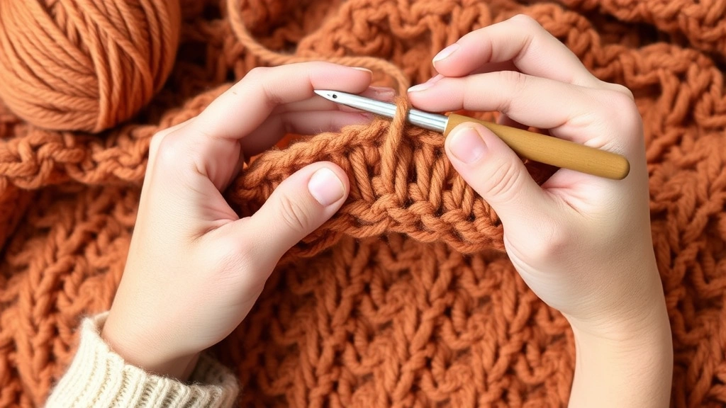 Hands crocheting with worsted weight yarn using a medium-sized hook, showing clear stitch definition with a partially completed blanket in warm earth tones