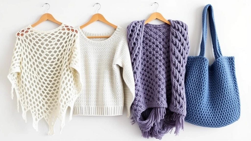 Finished crochet projects in a row displaying different yarn weights: delicate lace shawl, fitted sweater, chunky blanket, and structured tote bag showing varying drape and texture