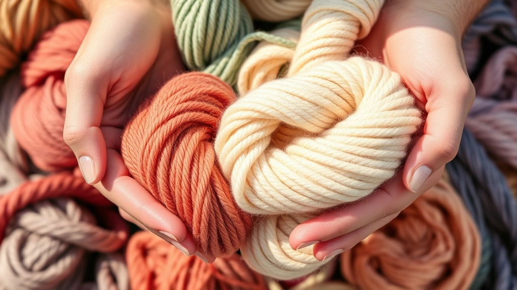 Close-up of hands holding colorful yarn skeins in natural light, showing various textures like smooth acrylic, fuzzy wool, and soft cotton blends arranged in a cozy pile