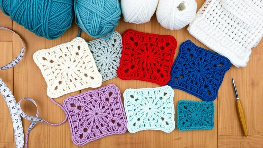 Flat lay of crochet swatches in different yarn types and weights displayed on a wooden table with a measuring tape, hook, and yarn labels visible