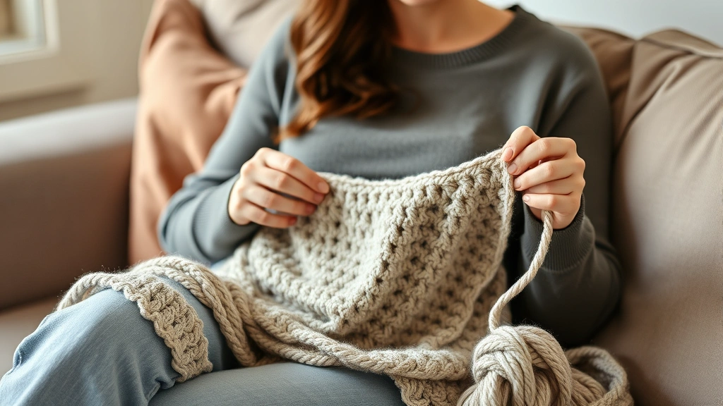 Woman sitting comfortably on a couch with a crochet project in progress, holding worsted weight yarn, showing the yarn flowing naturally over her lap with warm natural lighting