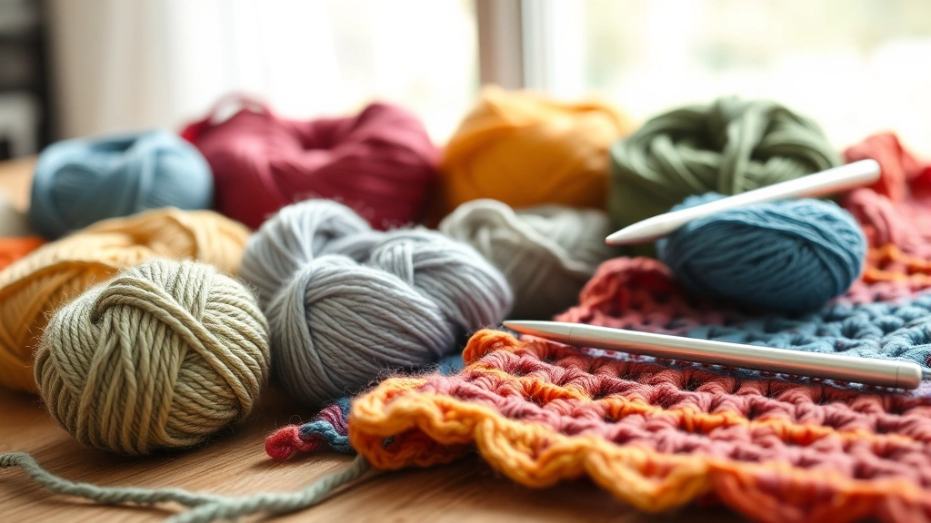 Close-up of colorful yarn skeins in various weights and textures arranged on a wooden table, natural daylight, soft focus background showing a crochet hook and work-in-progress blanket