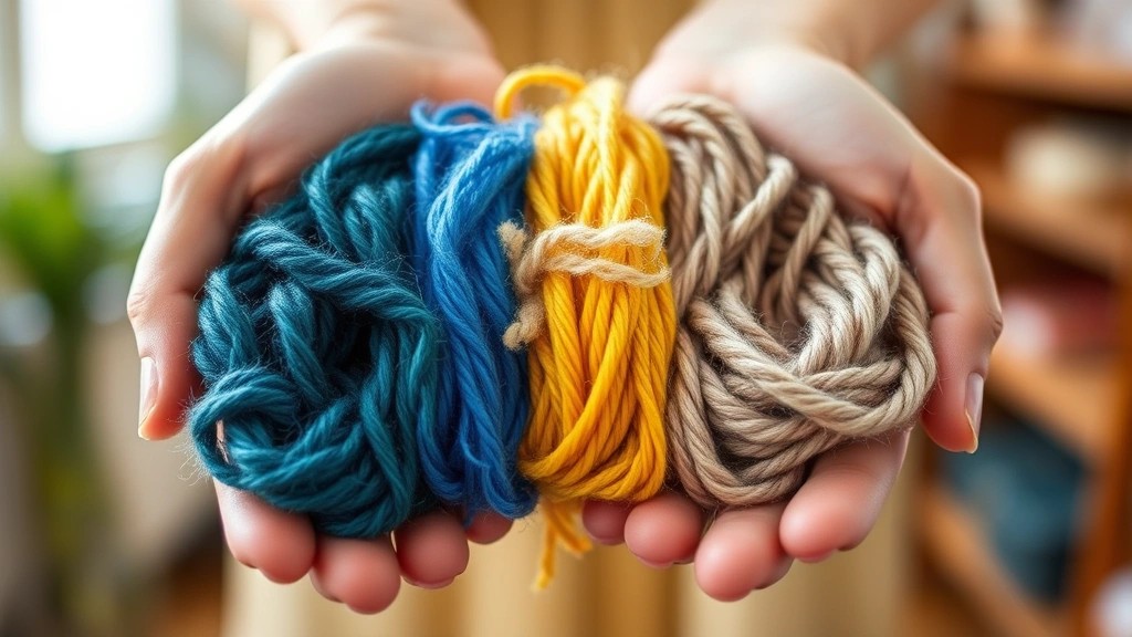 Hands holding different yarn samples side by side, showing texture variation between smooth, fuzzy, and variegated yarns, warm indoor lighting, shallow depth of field