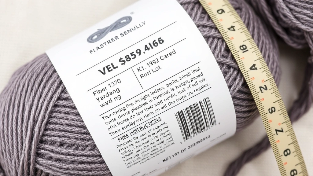 Yarn label detail shot showing fiber content, yardage, weight, care instructions, and dye lot information clearly visible, flat lay on neutral background with a measuring tape nearby