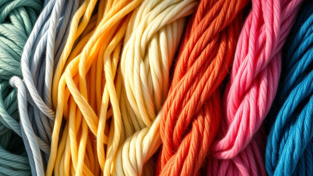 Close-up of colorful yarn skeins arranged by thickness, showing progression from thin fingering weight to chunky super bulky yarn, natural studio lighting with soft shadows highlighting texture and fiber detail