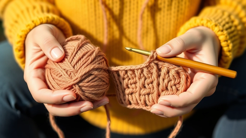 Crocheter's hands holding different yarn weights side by side for comparison, showing gauge swatch in progress on crochet hook, warm natural lighting with focus on yarn texture and stitch detail
