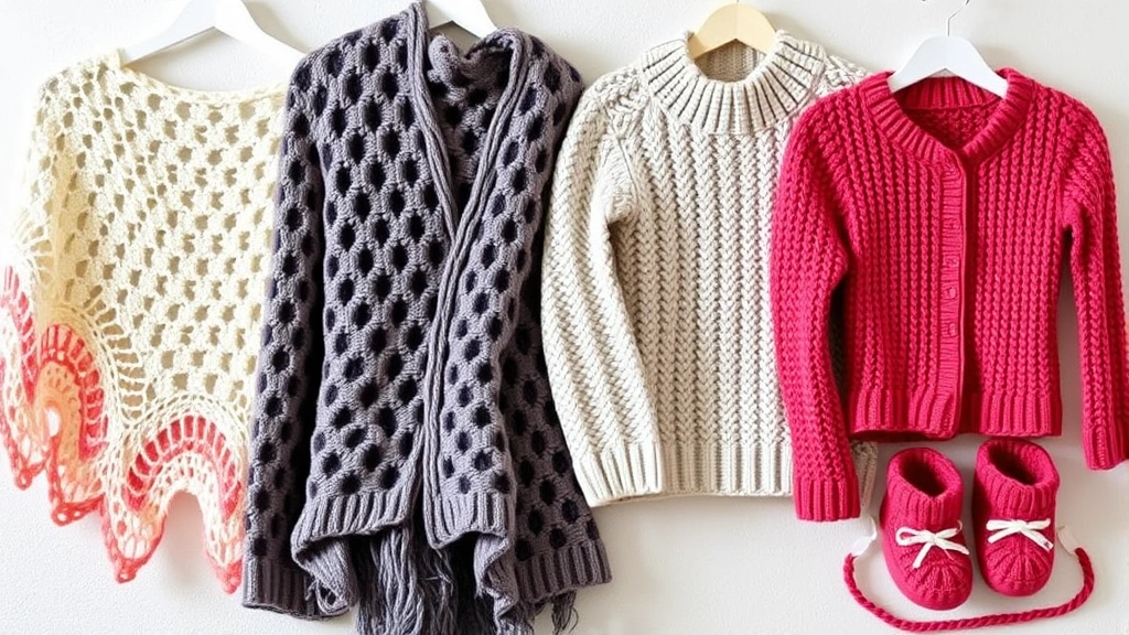 Completed crochet projects in various yarn weights displayed together—delicate lace shawl, cozy chunky blanket, fitted sweater, and baby booties—showing how weight affects finished appearance and drape