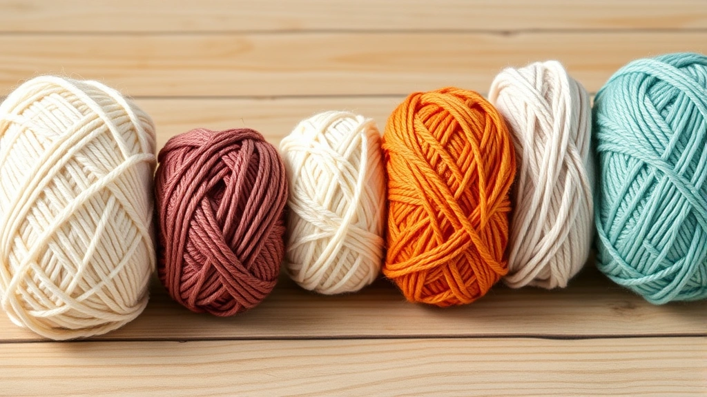Close-up of seven different yarn balls arranged in size order from finest lace weight to thick jumbo, showing clear thickness progression, natural lighting on wooden surface