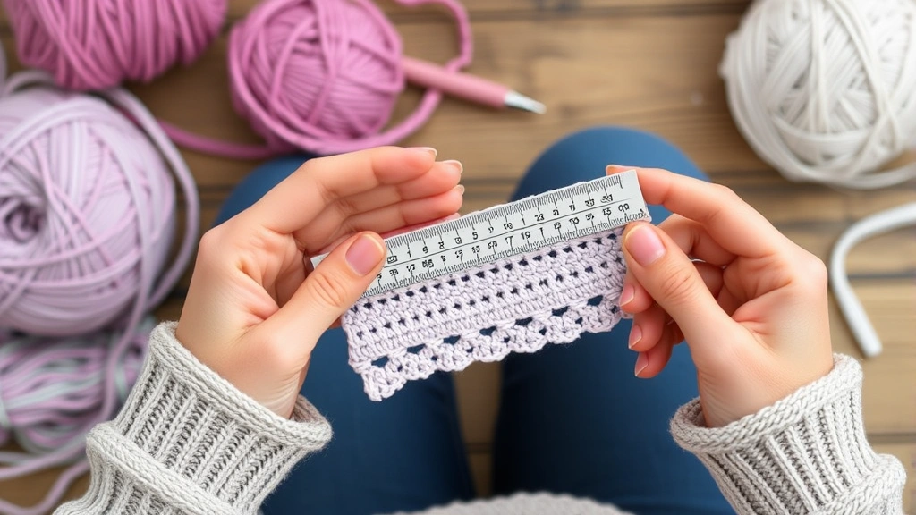 Crocheter holding a gauge swatch with ruler, measuring stitches carefully, yarn ball and pattern visible, hands showing proper measurement technique