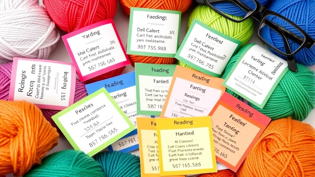 Colorful yarn ball bands and labels spread out showing weight categories, yardage information, and hook size recommendations with reading glasses nearby