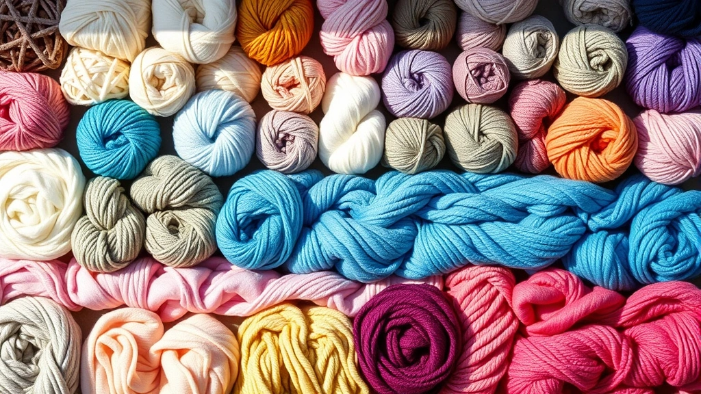 Flat lay of various yarn balls and skeins in different weights from thin fingering to chunky super bulky, arranged in rows showing color gradients from pastels to jewel tones, natural lighting with soft shadows